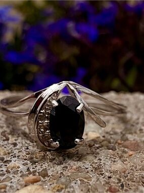 10K White Gold Black Sapphire & Diamond Ring Size 7 Genuine Gemstones|0.612 CTW